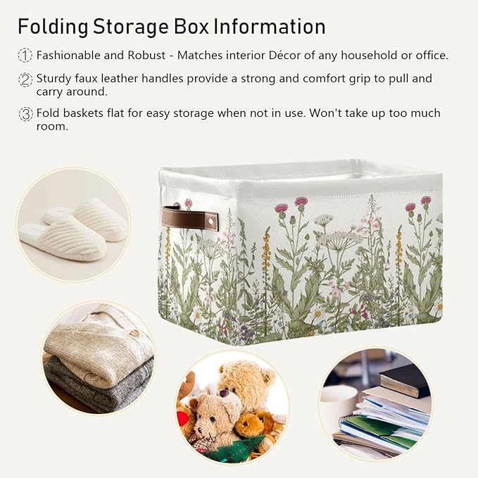 Herbs Storage Basket Bin for Shelves Closet Botanical Foldable Fabric Storage Box Cube with Handles Kids Gifts Toys Cloth Shelf Basket Organizer for Bedroom Nursery Home Decorative