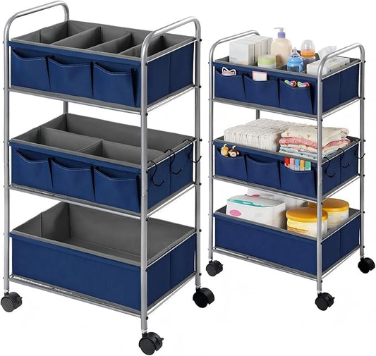 WILLBOND 3 Tier Blue Baby Diaper Caddy Organizer Cart with 4+3 Dividers Large Capacity Metal Utility Bedside Rolling Cart Newborn Registry Nursery Essential Must Have Crib Bedroom Baby Shower