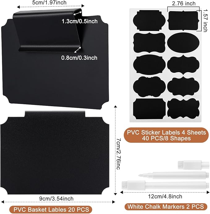 62Pcs Labels for Storage Bins, Including 20 Erasable Basket Labels Clip on Holder Removable PVC Bin,40 Pantry Labels, and 2 Chalk Marker Labels for Organizing Containers Drawer Basket Tags