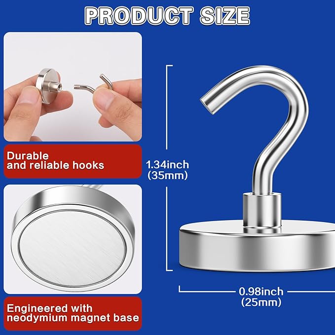 6Pack Strong Magnetic Hooks Heavy Duty, Magnet Hooks, 65lbs Metal Magnetic Hooks for Cruise Cabins, Magnet with Hooks, Magnet Hook, Magnetic Hook for Hanging, Refrigerator, Garage