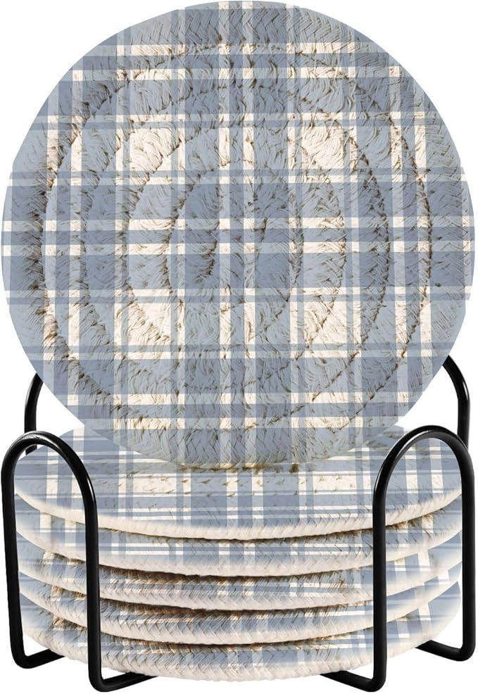 Minimalist Home Decor for Coffee Table, Kitchen, Drink Coasters, Light Blue Plaid Tartan Handmade Cotton Absorbent Coaster Set of 6, Housewarming and Wedding Registry Ideas