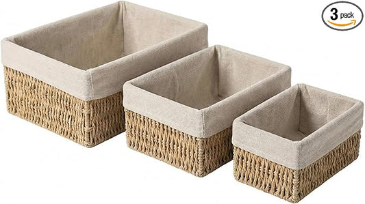 Set of 3 Wicker Storage Baskets for Shelves with Removable Linen Liner, Nesting Woven Organizer Bins for Pantry, Bathroom Counter, Closet, Dresser