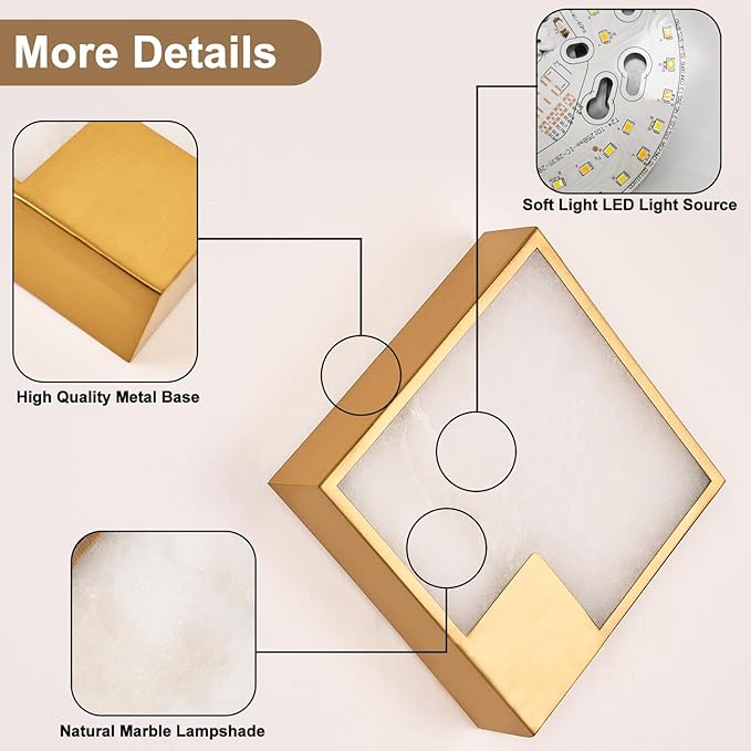 Natural Alabaster Wall Sconce Antique, Square Marble Wall Lighting Dimmable, LED Alabaster Wall Lamp Fixture for Hallway, Living Room, Stair, Bedroom, Bedside