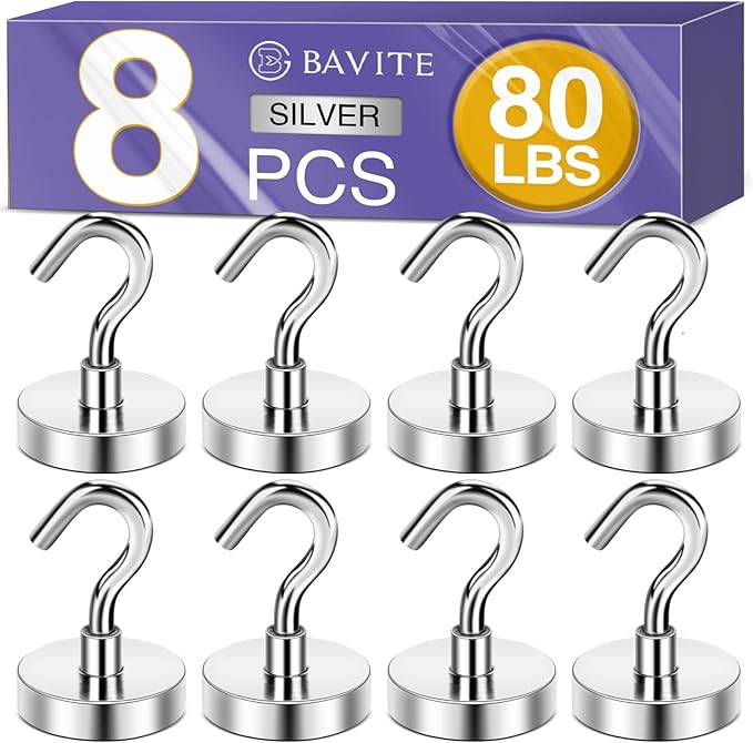 E BAVITE Heavy Duty Magnetic Hooks,80 LBS Strong Neodymium Magnet Hook for Home, Kitchen, Workplace, Office and Garage, 25mm(0.98inch) in Diameter - Pack of 8