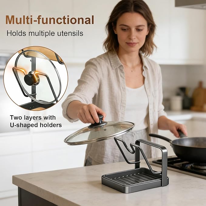 Pot Lid Holder,304 Stainless Steel Pot Lid Holder While Cooking,Kitchen Pot Lid Storage Rack, Removable Drip Tray, Multifunctional Kitchen Organizer Stand for Countertop (White, Single-layer)