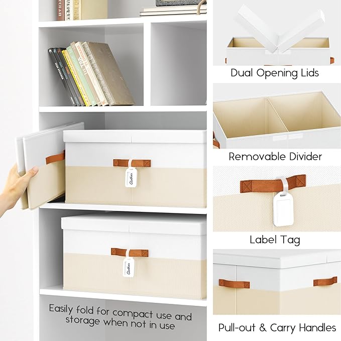 Extra Large Storage Bins - 2 Pack Closet Storage Boxes with Double-Open Lid & Divider Board, Stackable Colthes Storage Organizer, Fabric Basket with Label Tag for Home, Laundry