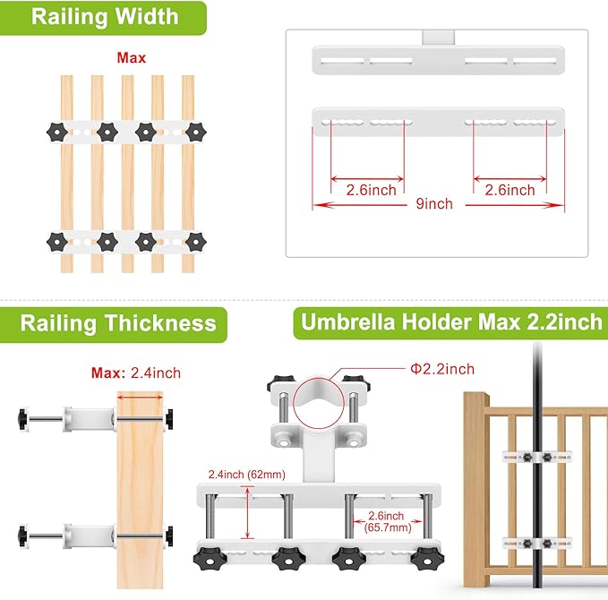 Dolibest Heavy Duty Patio Umbrella Holder - Steel Outdoor Umbrella Mount, Fully Welded for Stability, Adjustable for 1-2 inch Umbrella Pole, Wide Railing Compatibility, Space-Saving Design, 2 Pack