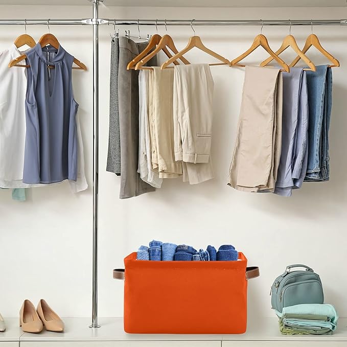 Storage Basket Plain Orange Solid Color Storage Bin Cube with Handles Foldable Storage Baskets for Shelves Living Room Home Decor 2PCS