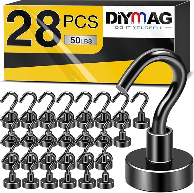 DIYMAG Magnetic Hooks, 28pack Magnet Hook Essentials Strong Heavy Duty Magnetics for Kitchen Refrigerator Hanging Classroom Cruise Cabins Accessories Hook Black