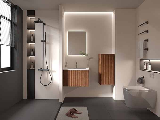 Striped Walnut Floating Bathroom Side Cabinet Wall-Mounted Storage for Small Spaces Pre-Assembled with Safe Curvy Design Push-Open Door (B.Walnut, Side Cabinet)