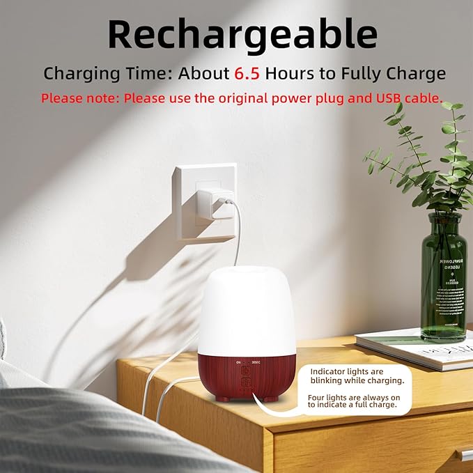 Cordless Essential Oil Diffuser, 150ml Rechargeable Battery-Operated Quiet Aromatherapy Diffuser with 7-Hour Runtime, 7-Color LED Light & 2 Timer Settings for Bedroom, Living Room, Bathroom