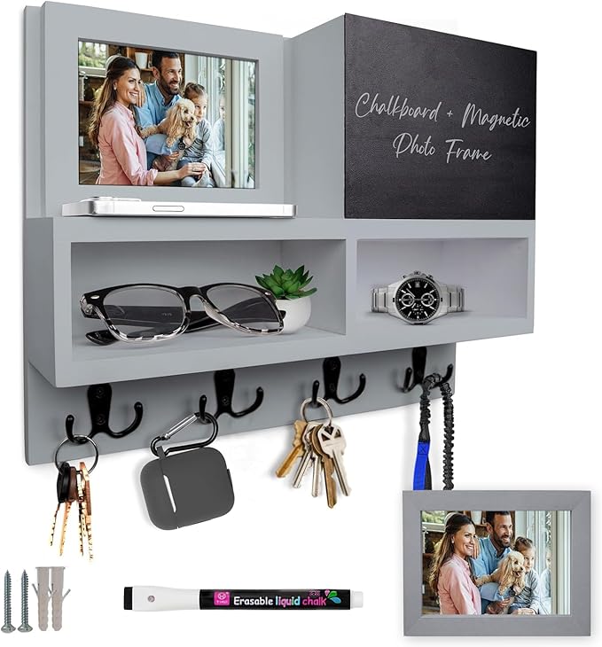 Spacelog Key and Mail Holder for Wall with Chalkboard – Magnetic Picture Frame Key Holder Wall Mount, Grey, Dual Storage & Cupboards