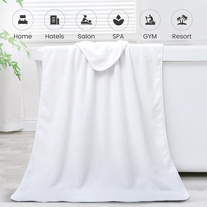 Bath Towels Set, Large Microfiber Body Towel for Adult, 2 Pack, 30" x 60", Oversized, Soft, Super Absorbent, Fast Drying, Use for Sport, Fitness, Yoga, Fleece Diamond Cross Grid White