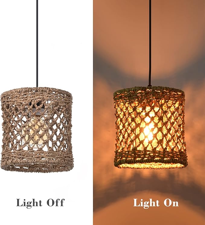 Arturesthome Boho Hand Woven Rattan Pendant Light Fixture, Mini Farmhouse Natural Chandelier Lighting, Retro Wicker Hanging Lamp for Kitchen Island D 7.8″*7.8″