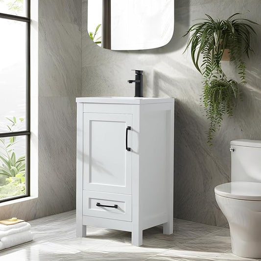 eclife 18" Bathroom Vanities with Sink Combo, Modern Thickened Wood Bathroom Storage Cabinet w/Undermount Sink, Matte Black Faucet Drain, Painted Surface, White