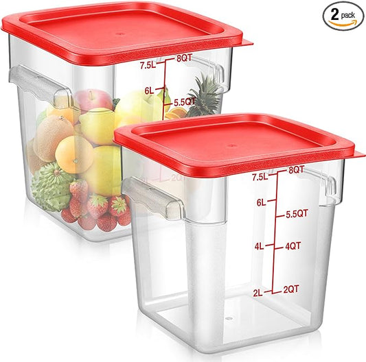 Suclain 2 Pcs Square Food Storage Container Polycarbonate Clear Food Container with Lid Commercial Rice Storage with Graduations for Commercial Kitchen(8 Qt,Red)