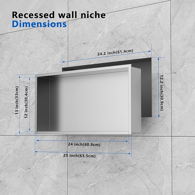 QAOYEDE Shower Niche, 24"x12" Stainless Steel Niche for Shower Wall No Tile Needed, Recessed Showers Shelf for Bathroom Storage,Brushed Nickel