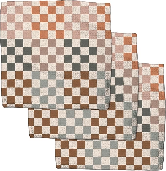Kitchen Dish Cloths - Quick Dry Dishcloths for Kitchen - Premium Dish Rags with Geoweave - 3-Pack Set Autumn Checkers
