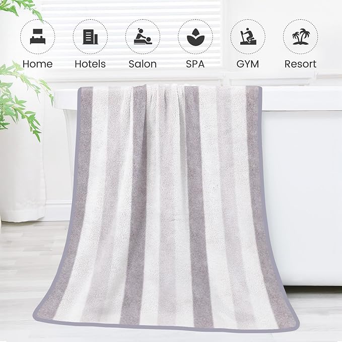 Microfiber Bath Towels, Large Bath Towel Set of 2, 30" x 60", Oversized, Soft, Super Absorbent, Fast Drying, Perfect for Hair Wrap, Sport, Fitness, Yoga, Cabana Stripe Grey