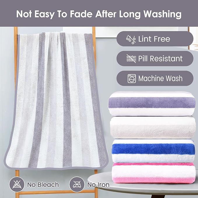 Microfiber Bath Towels, Large Bath Towel Set of 2, 30" x 60", Oversized, Soft, Super Absorbent, Fast Drying, Perfect for Hair Wrap, Sport, Fitness, Yoga, Cabana Stripe Grey