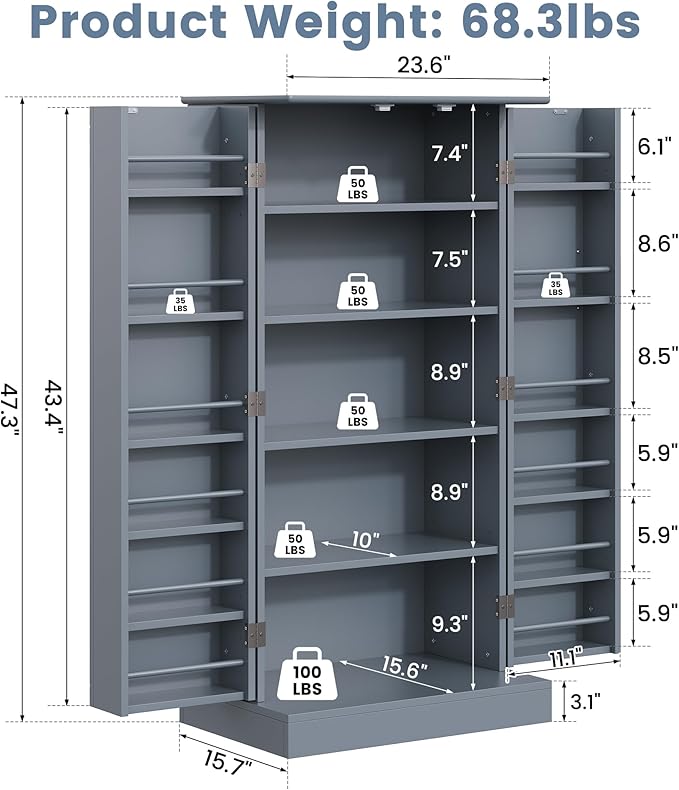 47" Tall Kitchen Pantry Cabinet, Grey Pantry Storage Cabinet with Adjustable Shelves, Barn Doors and Drawer Farmhouse Cupboard for Kitchen, Dining Room, Bathroom (16" D x 24" W x 47")
