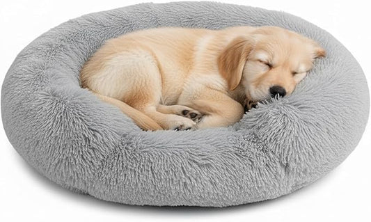 Fluffy Dog Bed Calming Donut Beds for Large Dogs Warming Round Small Medium Pet Nest Cozy Cat Mattress Indoor Washable Puppy Kennel Kittens Sleep Mat (S, 23.6×23.6 inch, Gradient Gray)