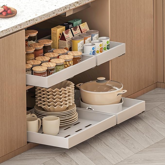 2 Pack Expandable Pull Out Cabinet Organizer, 21" Depth, for Kitchen Cabinets, Upgrade 3 Slide Slide-Out Drawers, Adjustable Width 12.05" - 20.5", White