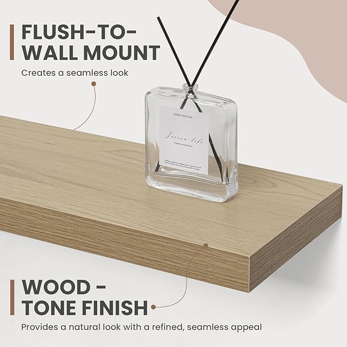 72 Inch Floating Shelves, 8 Inch Deep Floating Shelves for Wall, Hanging Shelf with Invisible Brackets, Deep Shelves for Bathroom, Bedroom, Living Room, Oak, Set of 1