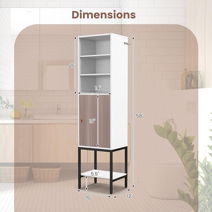 Giantex 57” Tall Bathroom Storage Cabinet, Floor Cabinet with Door, Adjustable Shelves & Foot Pads, Metal Legs, Anti-Tipping Kit, Slim Bathroom Storage Unit for Living Room, Kitchen (White)