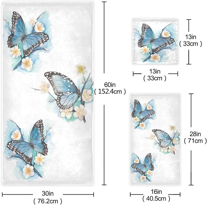 Blue Butterfly Bath Towels Set,Ultra Soft 3 Piece Watercolor Blossom Plum Branch Chic Floral Towels for Bathroom,1 Bath Towel 1 Hand Towel 1 Washcloth,Absorbent Decoractive Bathroom Towels