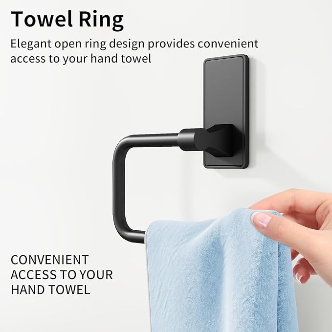 2-Piece Towel Ring, Adhesive Hand Towel Holder for Bathroom, Modern Style Towel Hangers Wall-Mounted Hand Towel Rack for Bathroom, Matte Black
