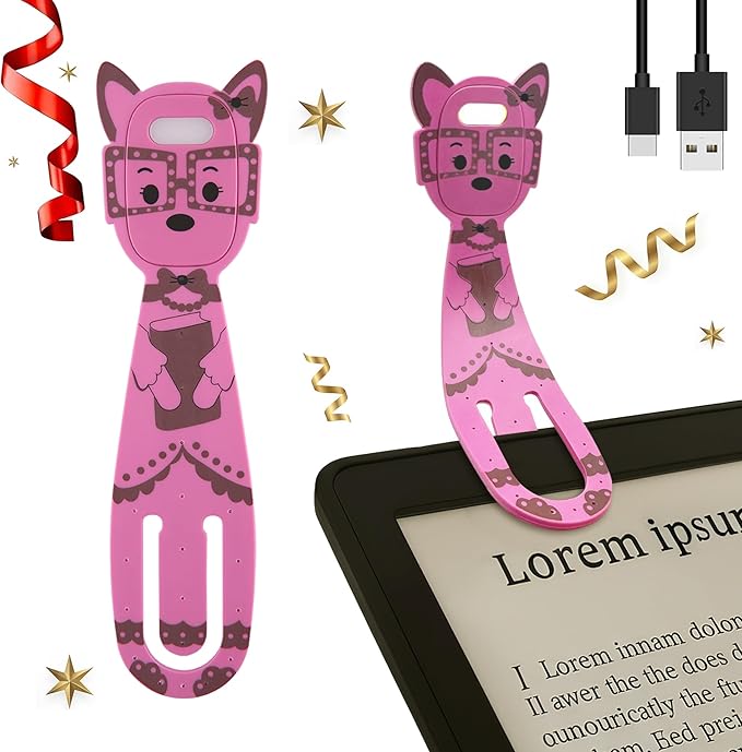 Rechargeable Kids Book Light, Cute Bookmark Reading Light for Kids, Dimmable Portable LED Book Light for Reading in Bed, Eye-Caring Bedtime Reading Lamp for Children & Travel, Pink