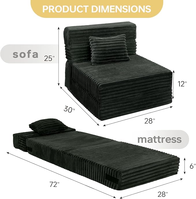 Folding Sofa Bed Single, Convertible Futon Chair Bed with Pillow, Folding Sofa Sleeper Chair, Comfortable Foam Floor Couch for Living Room, Bedroom, Dorm, Guest Room, Charcoal Moss Grey
