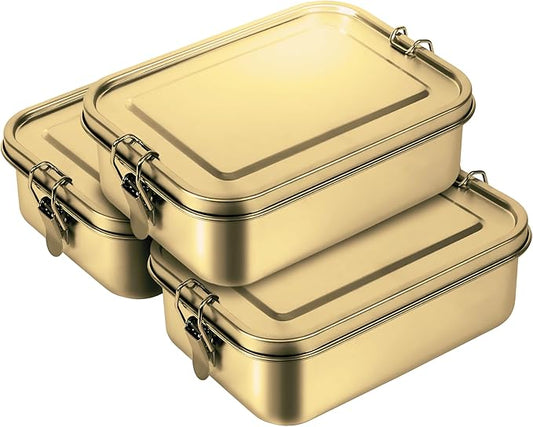 3-Pack 1200ml (40.6 oz) Stainless Steel Gold Color Bento Lunch Box Containers with Lids - Waterproof Metal Food Storage - Snack Prep Trays and Tiffin Carriers