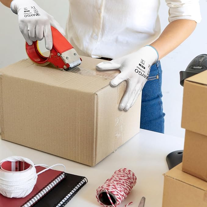 Work Gloves for Men and Women,12 Pairs Seamless Knit PU Coated Safety Gloves, with Smooth Grip on Palm and Fingers, Ideal for Light Warehouse, Manufacturing, Gardening, KG11P (S, White)