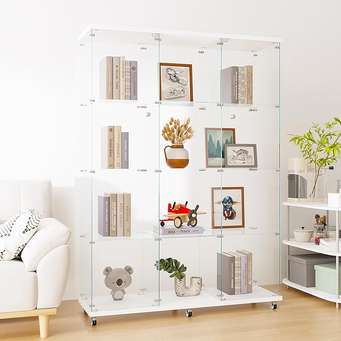 LFT HUIMEI2Y Glass Display Cabinet 12 Shelves with 3 Columns 2 Doors and Lock, Extra Large DIY Curio Cabinets Quick-Install Style Tempered Glass Floor Standing Bookshelf for Living Room, Kitchen White