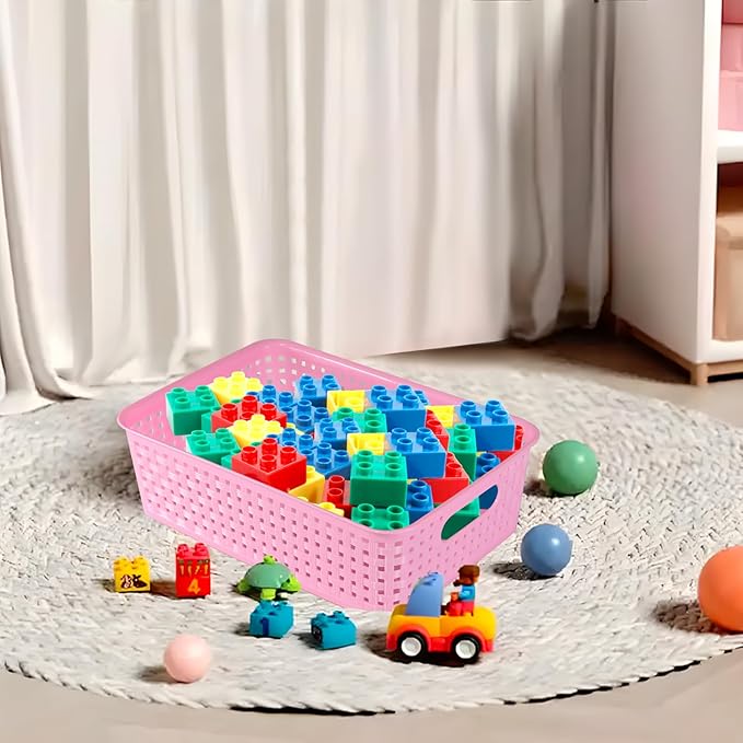 6-Pack Plastic Small Shelf Storage Weave Baskets, Multi-Purpose Pink Open Containers for Shelving Pantry Cabinet Small Stackable Storage Bins for Organizing