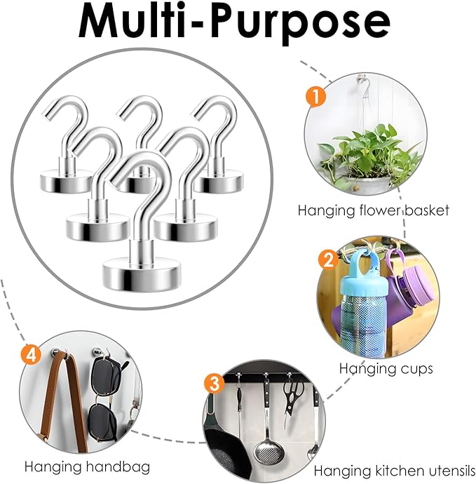 Magnetic Hooks Heavy Duty, 80 lbs Strong Hooks for Hanging, Magnet with Hook for Cruise, Grill, Fridge, Pack of 6, Silver