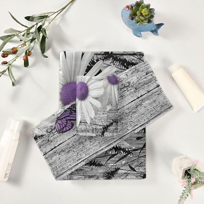 3 Piece Rustic Daisy Bath Towels Set,Microfiber Absorbent Purple Flower Butterfly Grey Barn Farmhouse Towels for Bathroom,1 Bath Towel,1 Hand Towel,1 Washcloth,Decorative Bathroom Towels