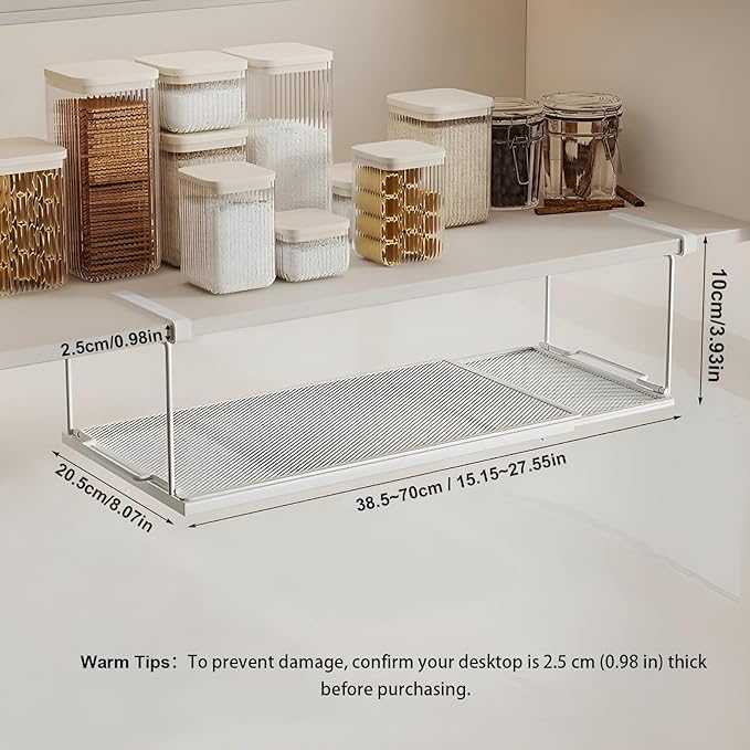 1 Pack Expandable Under Cabinet Shelf, Under Shelf Basket with 0.94 Inches Thick Clips for Kitchen Cupboard, Metal Hanging Under Desk Basket for Laundry Room, Cabinet, Shoe Rack