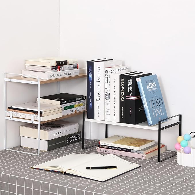 YGYQZ Desk Organizer Shelf，2 Tier Detachable Table Top Bookshelf, Freestanding Display Shelf for Office, Dormitory, Home,White+Black