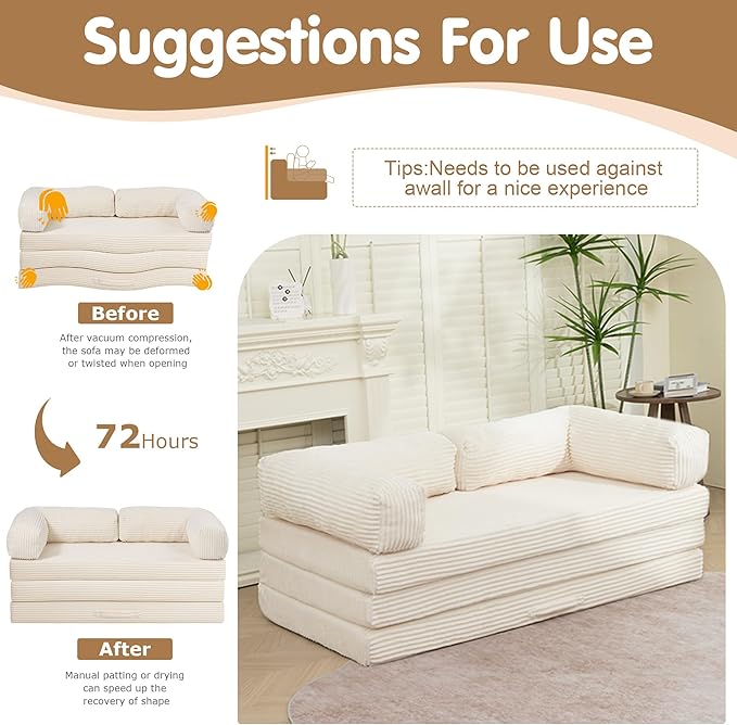 Convertible Sofa Bed Queen,5-in-1 Tri-Fold Boneless Couch with Removable Armrests & Handle,Corduroy Futon Sleeper Sofa,Floor Folding Mattress Pull Out Bed for Small Space Apartment Living Room Bedroom