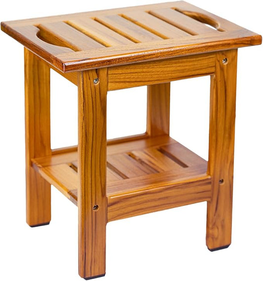 Utoplike Teak Shower Stool, Compact Shower Bench with Shelf & Handle, Foot Rest for Shaving Legs, 2-Tier Small Wooden Bath Seat with Non-Slip Feet for Bathroom, Bathtub, or Outdoor Use