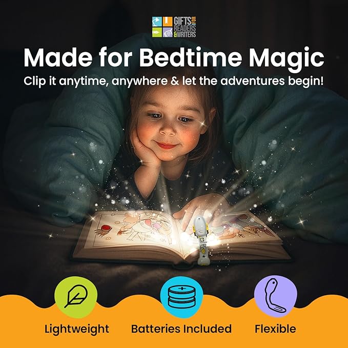 Gifts for Readers & Writers Book Light for Kids, Clip On Reading Light for Bed, 2in1 Flexilight Pals & Bookmark, Small & Lightweight with a Soft Glow, 2 Batteries Included, Robot Grey