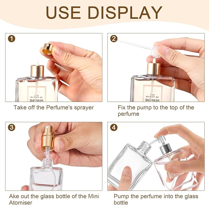 Domensi 60 Pcs 15 ml Glass Perfume Bottles Mini Glass Empty Spray Atomizer Bottles Bulk Refillable Perfume Dispenser Container with Pump Tool for Travel Cleaning Skin Care(Gold)