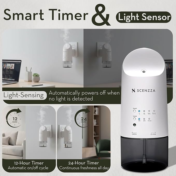 Plug in Waterless Essential Oil Diffuser for Wall Outlet, Portable Wall Diffuser Aromatherapy Device, Light Sensing & Long Lasting Fragrance, Perfect for Home, Office, & Spa, 160ml, White
