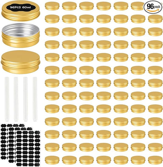 96 Pack Round Cans with Screw Lid 2 Oz Aluminum Metal Tins DIY Food Candle Containers for Lotion Bars, Balms, Salve, Spices, Beard Balm, Crafts with 4 Markers 3 Sheets Label Stickers (Gold)