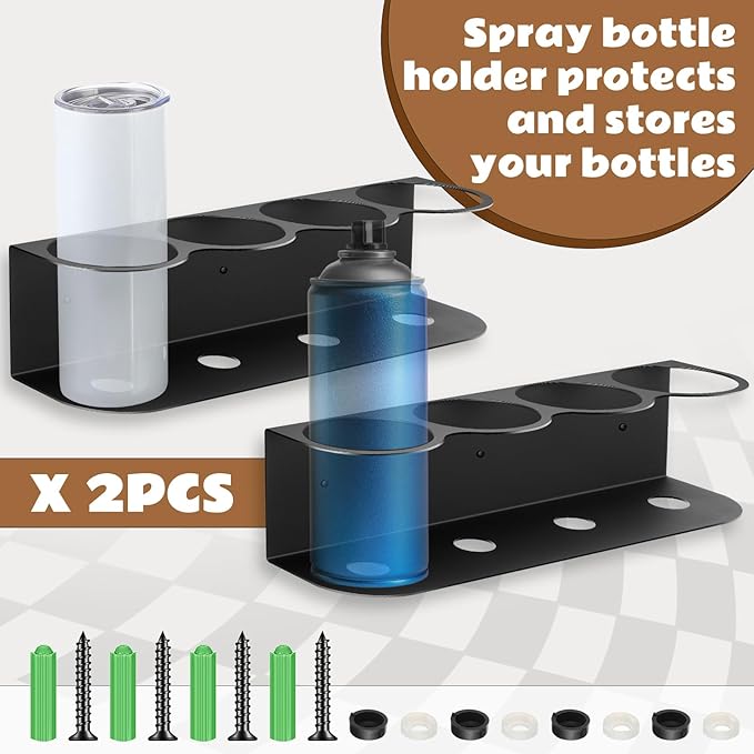 2 Pcs 4 Holes All Purpose Steel Spray Bottle Holder Heavy Duty Can Holder Rack Organizer Easy Install Wall Mount Paint Spray Bottle Organizer Storage Rack for Garage Home Workspace(Black)