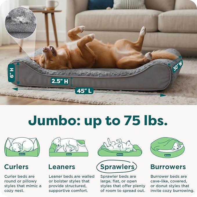 FurHaven Orthopedic Dog Bed for X-Large Dogs, Luxe Lounger Contour Mattress with Medical-Grade Solid Orthopedic Foam for Joint Support, Removable Washable Cover, Jumbo/XL, Plush Suede, Gray