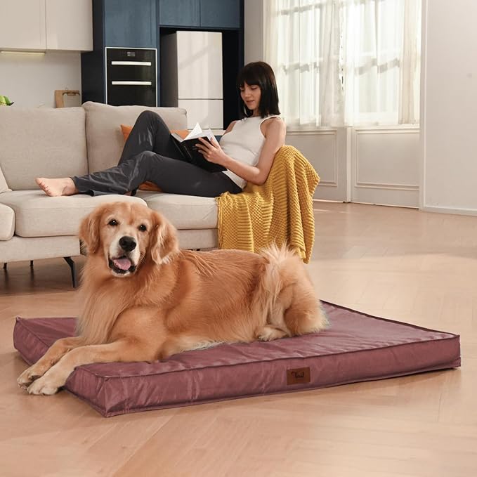 Outdoor Dog Bed for Medium Dogs, Waterproof Dog Crate Mat Orthopedic Egg Crate Foam Pet Bed with Washable Removable Oxford Cover, Pink